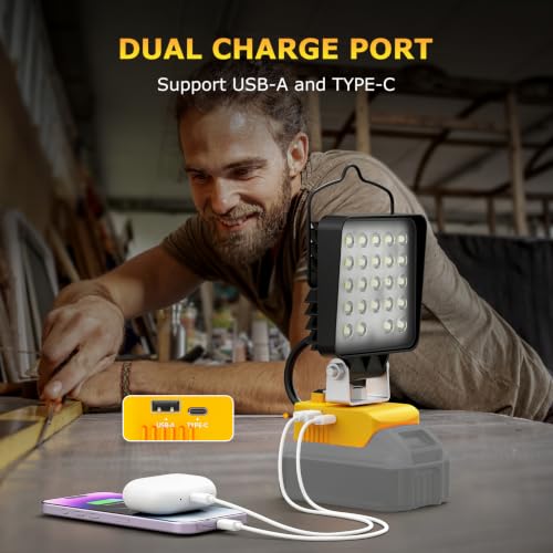 Yellow 2-Pack Cordless LED Work Lights for Dewalt 20V Batteries, 11200LM Portable Floodlights with USB-C & USB Charging