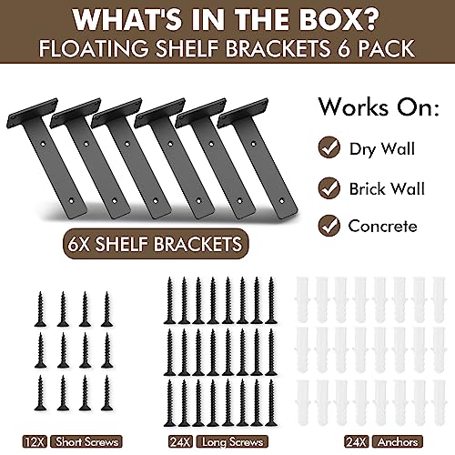 MIUGO 6 Pack Heavy Duty Metal Shelf Brackets 6-inch Black - Concealed Mounting