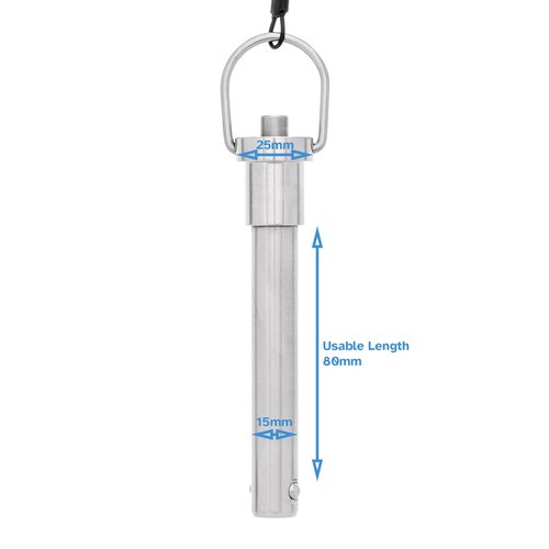 HALLMERS 15mm Pin Diameter 80mm Usable Length Quick Release Ball Head Pin Lock with 260mm Retaining Wire Cable - Stainless Steel - Self Locking Fasten Security Bolt Accessory Push Pull Fastening Tool