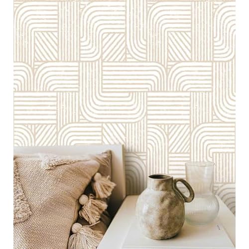 Modern Peel and Stick Wallpaper Boho Contact Paper for Cabinets Drawers Beige and White Striped Geometric Self Adhesive Wallpaper for Bedroom Bathroom Wall Decor Neutral Vinyl 17.3inW 78.7inL
