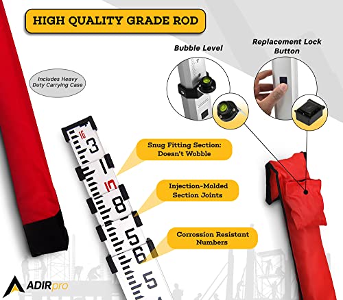 AdirPro 16FT 10ths Aluminum Leveling Rod - Dual-Sided 5-Section Telescopic with Bubble Level & Soft Case