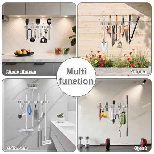 Broom Holder Wall Mount, Broom Organizer Wall Mount Stainless Steel Broom and Mop Hanger Heavy Duty Storage Organization for Home Kitchen Garden Garage Room 5 Racks 4 Hooks