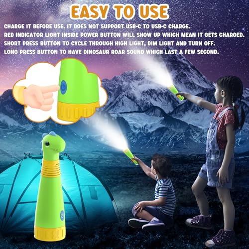 Rechargeable Dinosaur Flashlight with Roar for Kids, Kids Flashlight Camping Gear Handheld Flashlight for Kids, Halloween Christmas Lights for Boys Girls, Dino Kid Lantern