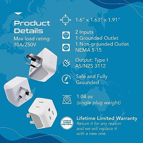 Ceptics Australia Plug Adapter 2-in-1 Type I Dual US Input White Gray 3 Pack