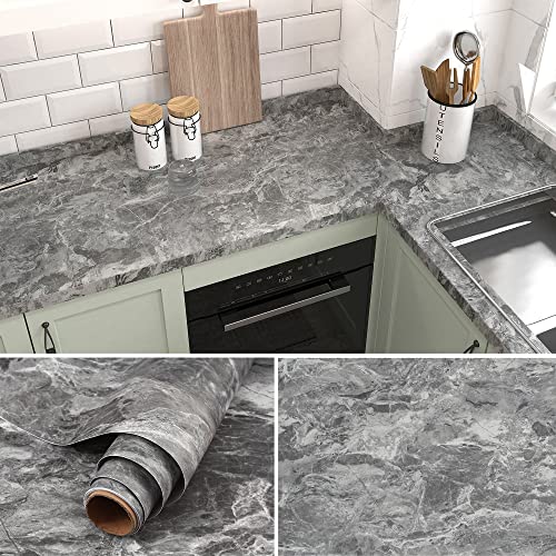 burgeliy 3D Grey Marble Vinyl Wrap Protector Auto Modification Wallpaper 15.8"x80" Classic Style, Waterproof, Heat-Resistant,Thickened Peel and Stick, Countertops, Cabinets, Self Adhesive Tint Film