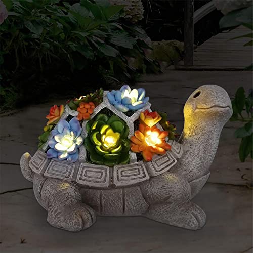 Grey Solar Turtle Garden Statue with Succulent & 7 LED Lights for Outdoor Decor