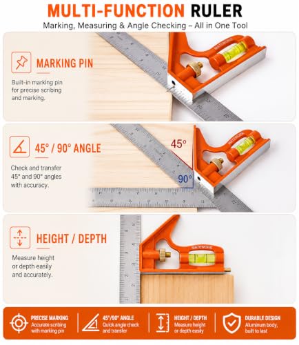 Matework 7in + 12in Combination Square Set – CNC Aluminum Carpentry Square, 12in Adjustable Square