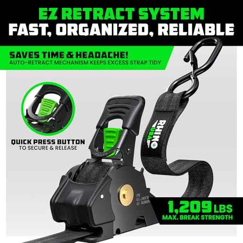 Rhino USA Retractable Ratchet Straps (4-Pack) - 1 Inch x 10 Feet (1,209lb Break Strength) - Auto Self Retracting Tie Down Straps for Truck, Cargo Trailer, Motorcycle, ATV, UTV - Black