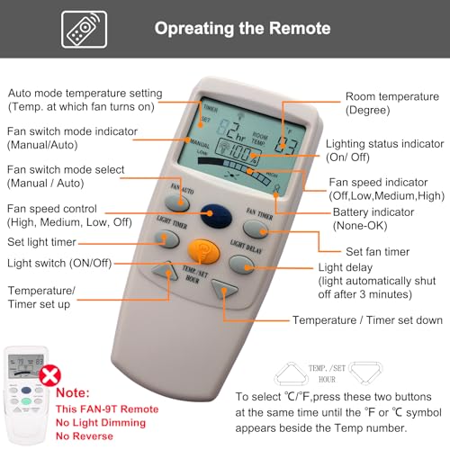 CENMING Replacement Remote for Hampton Bay FAN-9T FAN TIMER 3-Speed LCD No Light Dimmer