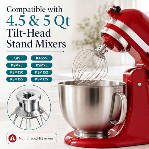 Wire Whip Attachment for 4.5-5 Qt Stand Mixer, 6-Wire Stainless Steel - KitchenAid Compatible