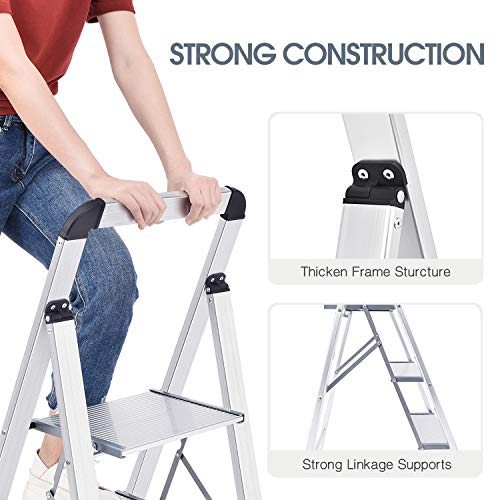 KINGRACK 3-Step Aluminium Ladder with Handrail - Lightweight Foldable Step Stool for Kitchen, Garage, Home, Silver