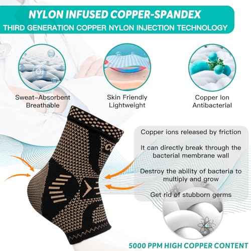 INDEEMAX Ankle Brace for Women & Men, Ankle Compression Sleeve Support Copper Infused Ankle Brace for Sprained Ankle, Plantar Fasciitis Sports, Achilles Tendonitis Pain Relief, Copper Black, M