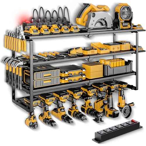 Power Tool Organizer, Quick Assembly & Max 420lb. Load With 6 Outlet Power Strip, 4 Tiers 8 Slots for Cordless Drill Holder Wall mount in Garage/Workshop/Pegboard Suitable for Birthday Gift