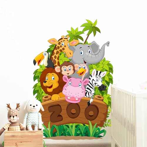 Forest Animals Wall Decals Jungle Zoo Animals Wall Stickers for Kids Room, Lovely Giraffe Elaphant Lion Decor Posters Adorable Zebra Monkey Hippo Art Murals for Nursery Classroom Playroom
