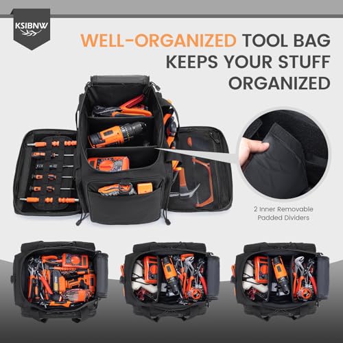KSIBNW Tool Bag 14-Inch, Heavy Duty Tool Organizer Tote for Men, Tactical Hand Bag, Storage Organizer Pouch for Electrician, Repairman, Carpenters, Mechanics, Plumbers, Handyman, Khaki