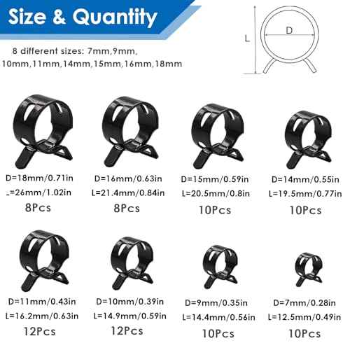 Tnisesm 80Pcs Spring Band Hose Clamps Assortment kits Silicone Vacuum Hose Pipe Clamp 7mm 9mm 10mm 11mm 14mm 15mm 16mm 18mm Low Pressure Air Clip Clamp(Black)