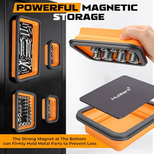 Mulwark 4Pcs Collapsible Magnetic Tray with 15lb Magnetic Pickup Tool – 3 Sizes, Silicone Parts Organizer