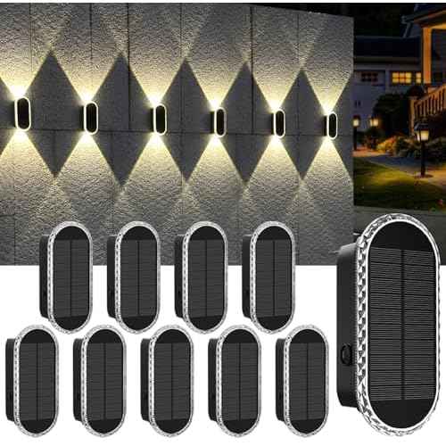 Solar Fence Lights Outdoor, 3000K/4000K/6000K 3 Modes Solar Wall Lights Outdoor Waterproof, Up&Down Dual-Head Outdoor Solar Lights for Yard House Fence Backyard Deck Garden Patio Porch, 10 PK