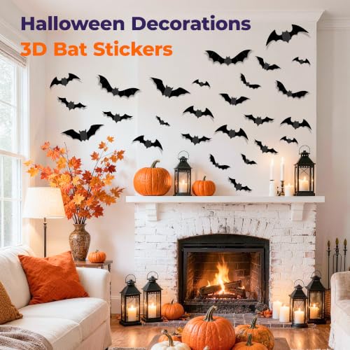 Encavy 68Pcs Halloween Bat Wall Decor Bats Stickers - Indoor Outdoor Spooky Decorations - DIY Party Supplies with 3D Effects