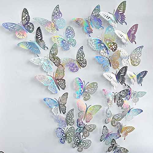 72PCS Silver Butterfly Wall Sticker Decal 3D Metallic Art Butterfly Mural Decoration DIY Flying Stickers for Kids Bedroom Home Party Cake Nursery Classroom Offices D?cor (Silver)