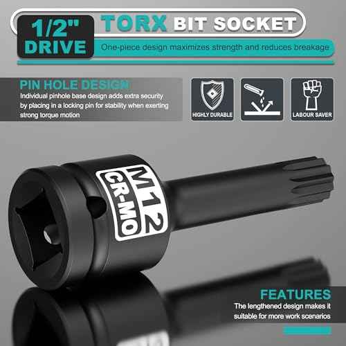 1/2" Drive M12 XZN Bit Socket, Triple Square Spline Bit Socket, CR-MO, Professional Mechanic and Auto Repair