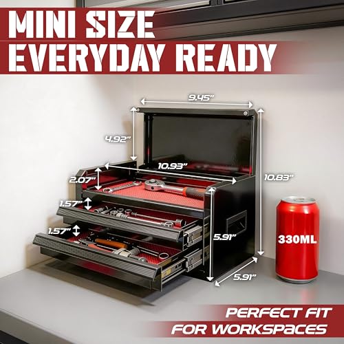 OLY-PRO 10-Inch Mini Toolbox with 2 Drawers & Top Storage - Black, Steel, Ball-Bearing Slides