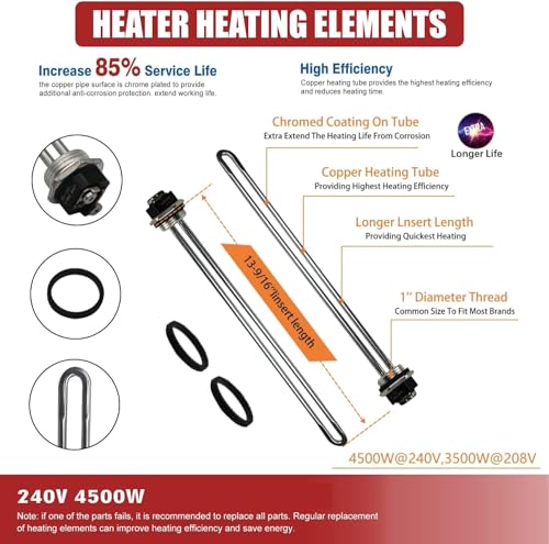 DROMIX 2PC 4500W 240V Water Heater Elements Screw-In High Watt Density Copper