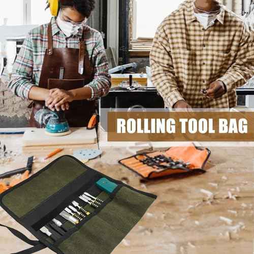 BLIRITEL Small Canvas Chisel Roll, Chisels Bag Tool Organizer with 4 Pockets, Metal Pry Bar Plier Wrench Roll Tool Pouch for Mechanic Carpenter Craftsman (Army Green)