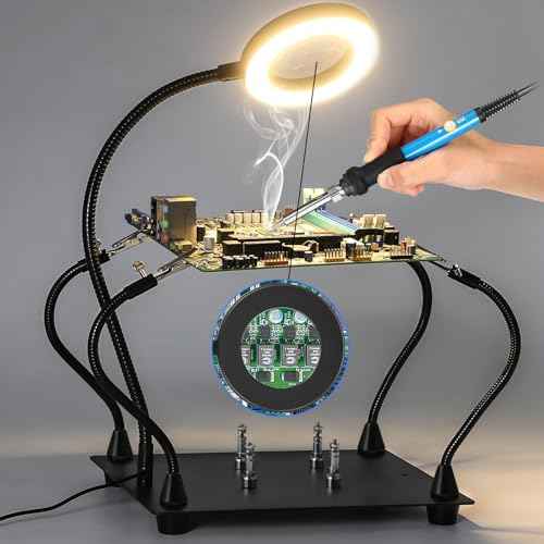 Helping Hands Soldering Magnifying Glass, Upgrade Soldering Station with 3X LED Magnifying Lamp, Metal Circuit Board Holder, 4 Flexible Metal Arms Heavy Duty Base Electronic Repair Tool for Soldering