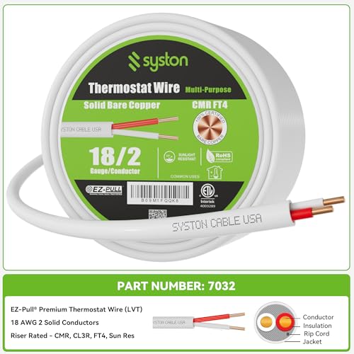 Syston 20 FT 18/2 Thermostat Doorbell Wire, Solid Copper, CL3R Riser Rated, White