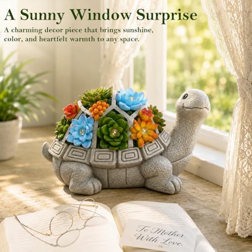 Grey Solar Turtle Garden Statue with Succulent & 7 LED Lights for Outdoor Decor