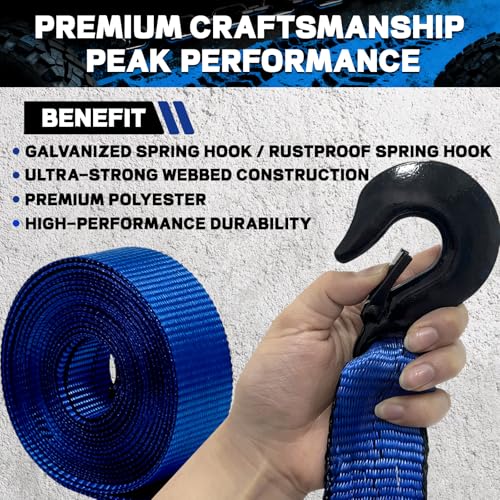 Blue Boat Winch Strap with Hook 2"x20ft 18,000lb Heavy Duty Marine Towing