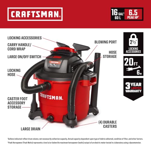 CRAFTSMAN 16 Gal Wet Dry Shop Vacuum 6.5 Peak HP with Filter, Dust Bag, Hose