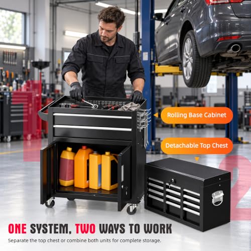 Bonusall Rolling Tool Chest with 8 Drawers, 2 Doors, Detachable 2-in-1 Work Bench, Black - Mobile Cabinet