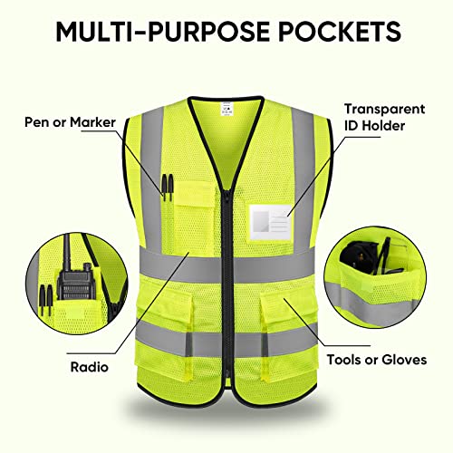TICONN High Visibility Reflective Safety Vest for Men & Women - Yellow, Large, ANSI Class 2