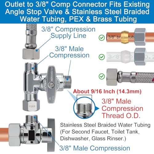 3/8 Inch Brass Angle Stop Add-A-Tee Valve - Water Line Splitter for Plumbing