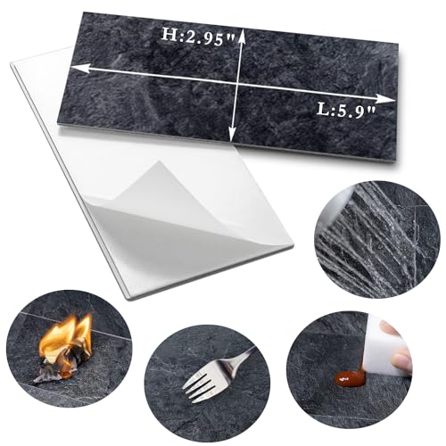 AULIGET Black Slate Peel and Stick Backsplash Tiles - 100 pcs, 3x6 inch, Faux Stone for Kitchen & Bathroom, Variation: Black Slate / 100