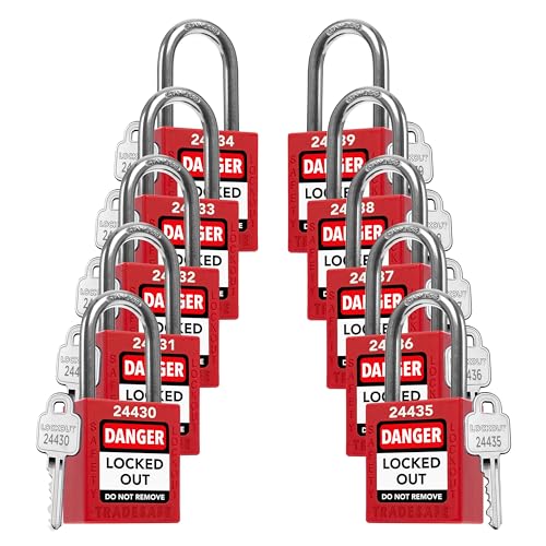 TRADESAFE Red Lockout Tagout Locks - 10 Pack Keyed Different with 1 Key Each