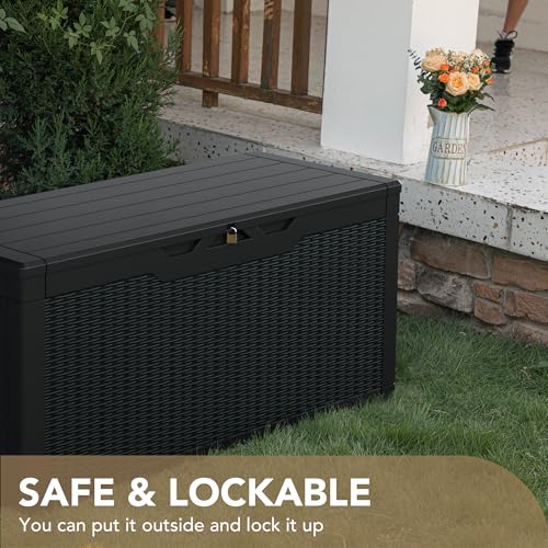 Devoko 100 Gallon Waterproof Resin Deck Box with Black Cushion - Outdoor Storage & Bench