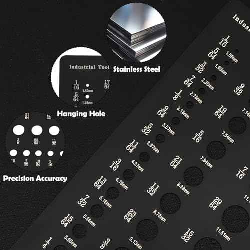 Drill Bit Gauge Drill Bit Size Guide Stainless Steel Gauges for 1/16 Inch to 1/2 Inch Size Bits, 29 Holes Metal Gauge Tool Bolt and Wire Diameter Index Accurate Measurement Equivalents