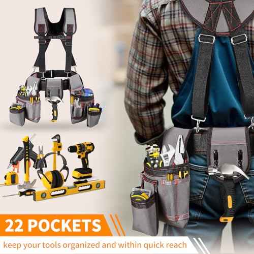 Tool Belt with Suspenders, Professional Tool Belt for Men, 18-Pocket Adjustable Heavy Duty Tool Organizer for Electrician, Carpenter, Framer, Construction Worker, Gray & Orange (32''?66'')