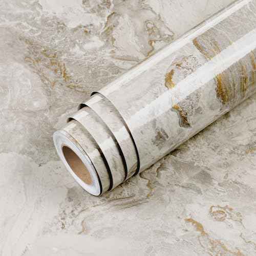 Livelynine Glossy Gold White Marble Contact Paper Waterproof Glossy Marble Countertop Peel and Stick Countertops Kitchen Counter Top Vinyl Desk Wrap Cover Self Adhesive Wallpaper Desk Table 15.8x78.8