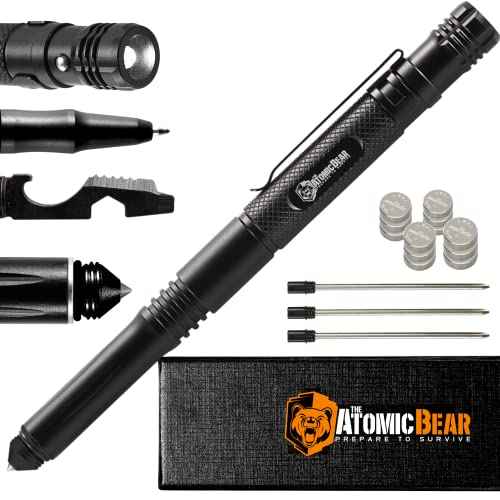 Tactical Pen ? Self Defense Pen & Multi-tool Pen - Flashlight Survival Pen for Men & Women - Tactical Gear & Gift - Military EDC Pen + Glass Breaker + Bottle Opener ? 3 Ink Refills + 12 Batteries