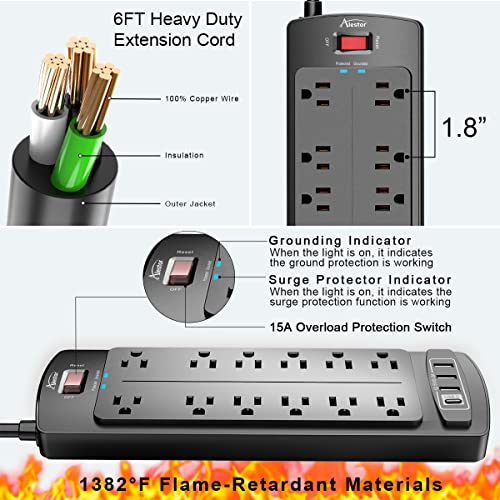 Alestor 6 Ft Black Surge Protector Power Strip with 12 Outlets & 4 USB Ports