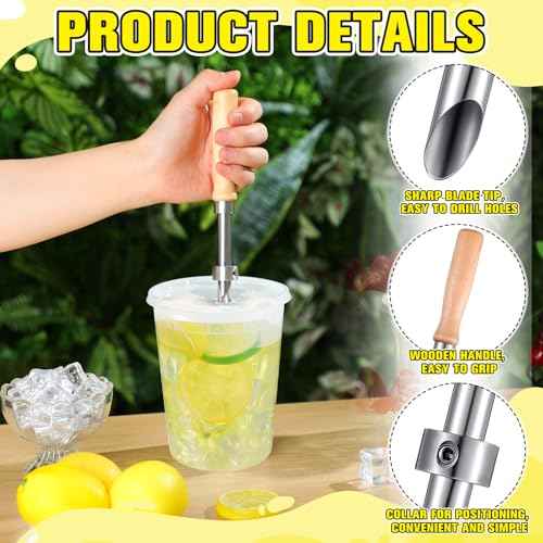 Lasnten 2 Pack Straw Puncher for Plastic Lids Lemonade Cup Stainless Steel Straw Hole Puncher with Wooden Handle Punching Tools for Lemonade Stand Supplies