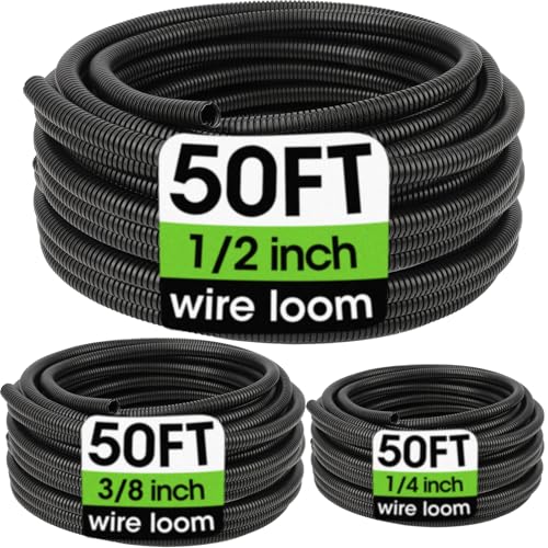 Flexible Split Wire Loom Tubing 1/4, 3/8, 1/2 Inch x 50 FT - Black Cable Management