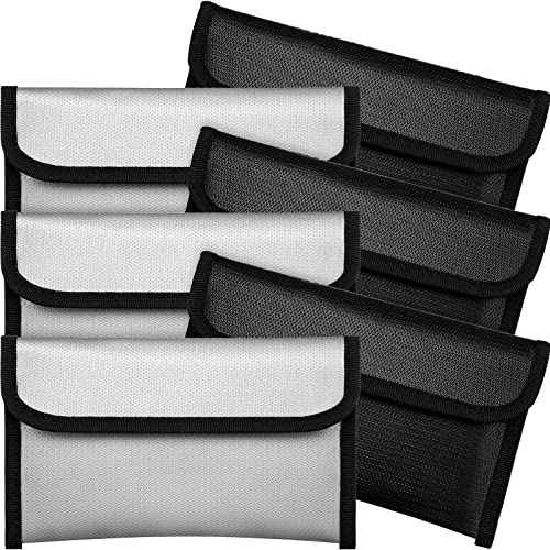 Leinuosen 6 Pack Small Fireproof Bag 8 x 5 Inch Fireproof Money Waterproof Pouch Document Bag with Zipper Silicone Coated Money Holder Safe Accessories for Valuables Passport(Black and Silvery)