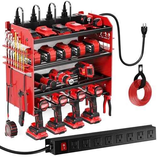 Power Tool Organizer Wall Mount with Charging Station,Tool Storage Rack with 8 Outlet Power Strip,Heavy Duty Metal Battery Utility Rack with 4 Cordless Drill Holder 6.56 Ft Cord for Garage