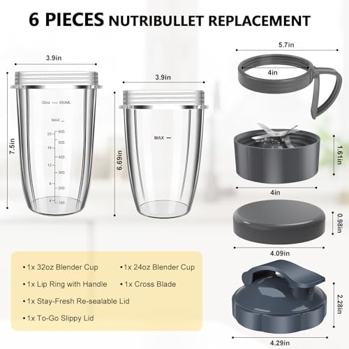 Nutribullet Replacement Cups & Lids - 32oz & 24oz with To-Go Lid & Lip Ring (6 pcs) for 600W & Pro 900W