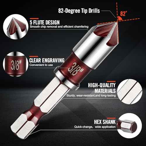 5Pcs Countersink Drill Bit Set, Premium Drill Bit with 82-Degree, 5 Flutes, Quick-Change Hex Shank, 1/4 Inch to 3/4 Inch Size, Counter Sink Bits for Wood, Metal, Plastic